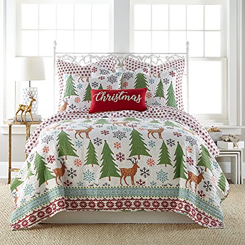 Levtex Home Merry & Bright Collecion - Tinsel Quilt Set - Full/Queen Holiday Quilt 88x92 and Two Standard Shams 20x26 - Folk Christmas Reindeer - Reversible