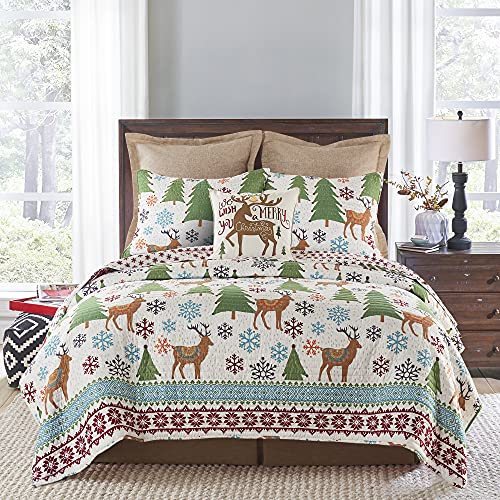 Levtex Home Merry & Bright Collecion - Tinsel Quilt Set - Full/Queen Holiday Quilt 88x92 and Two Standard Shams 20x26 - Folk Christmas Reindeer - Reversible