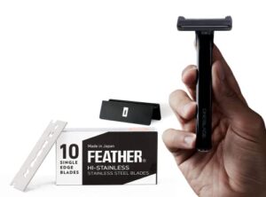 oneblade core safety razor for fine hair - includes stand & 10 premium japanese feather blade refills - introductory level