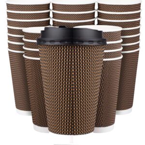 promora brown disposable coffee cups with lids 16 oz, premium insulated paper ripple cups for hot coffee, paper cups 16 oz coffee cups 16 oz, hot cups with lids 16 oz, paper coffee cups (80 pack)