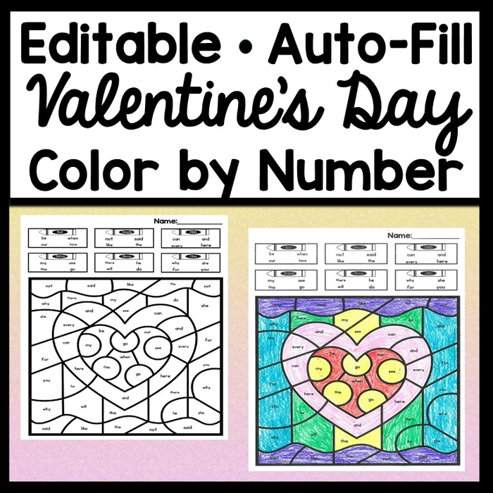 Color by Number for Valentine's Day -Editable with Auto-Fill! {6 Valentine's Day Pictures!}