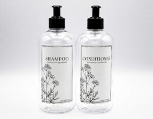 modern refillable shampoo and conditioner dispensers by aylamae | 500ml / 16.9oz pet plastic bottles (clear with printed labels)