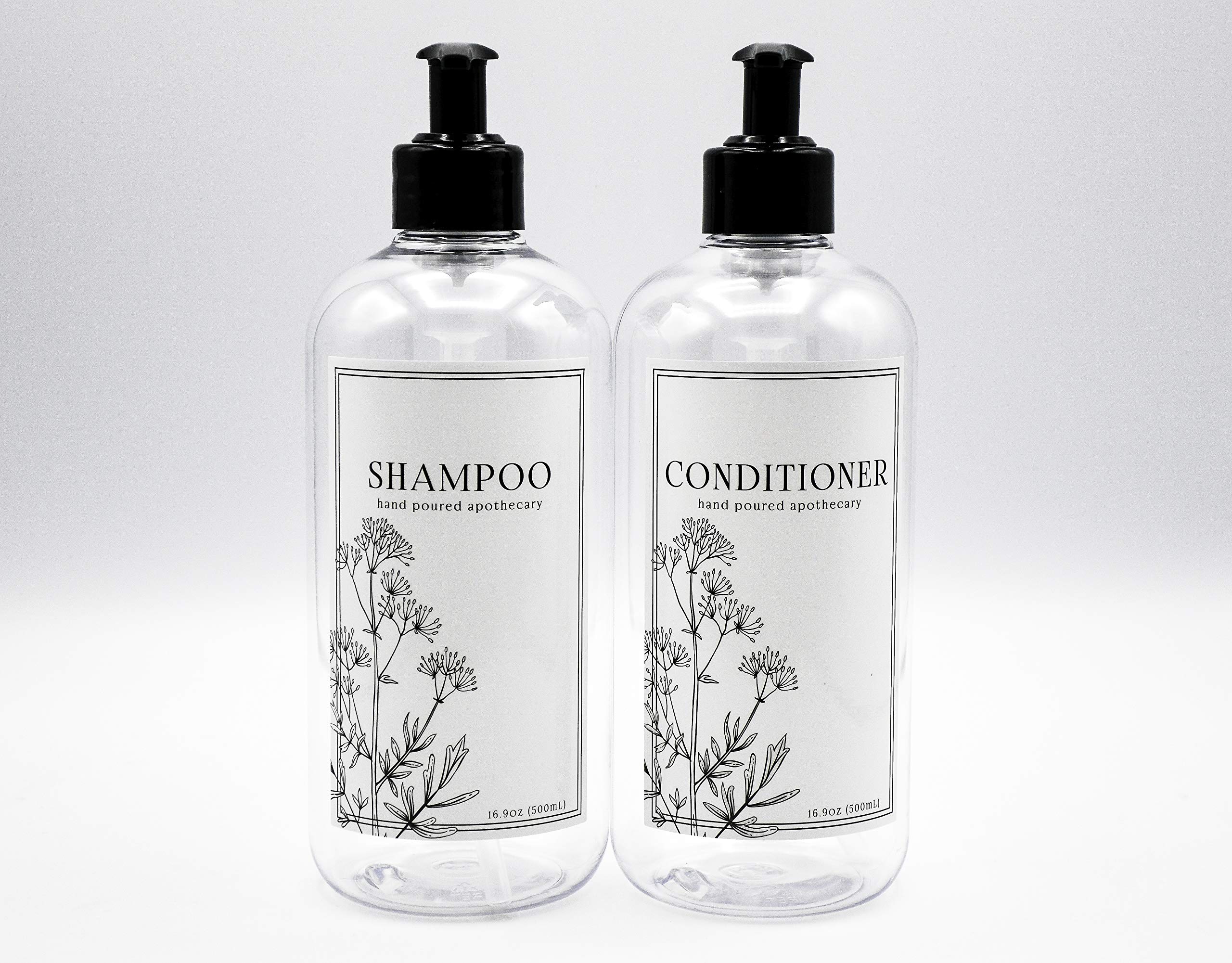 Modern Refillable Shampoo and Conditioner Dispensers by AylaMae | 500ml / 16.9oz PET Plastic Bottles (Clear with Printed Labels)