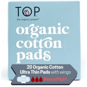 top the organic project: ultra thin super (night) absorbent pads w/wings - certified 100% organic cotton | non-toxic, biodegradable (natural sanitary napkin, breathable, unscented), 20 ct