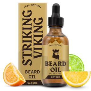 striking viking scented beard oil conditioner for men (large 2 oz.) - naturally derived formula with tea tree, argan and jojoba oils with citrus scent - softens, smooths & strengthens beard growth