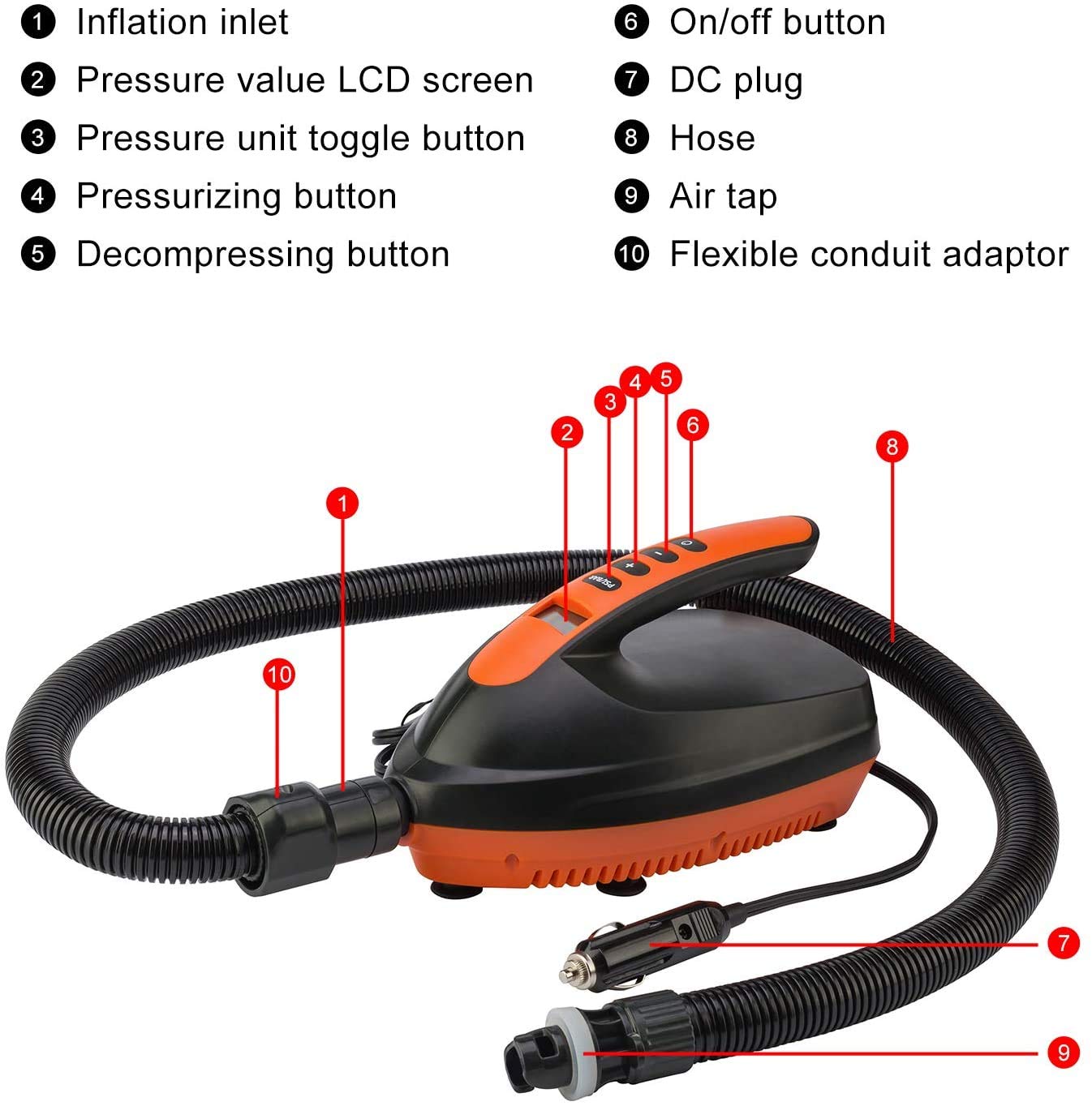 Tuomico SUP Pump Electric Paddle Board Pump with Auto-Off Feature,Portable Inflator for Inflatable, Paddleboard,Kayak, Boats, Rafts, Pool Toys, 12V DC Car Connection