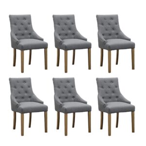 gery dining chairs with armrest set of 6 kitchen armchairs with linen fabric upholstered seat wood legs modern occasional living room side chairs studded with button nailhead (6, grey)