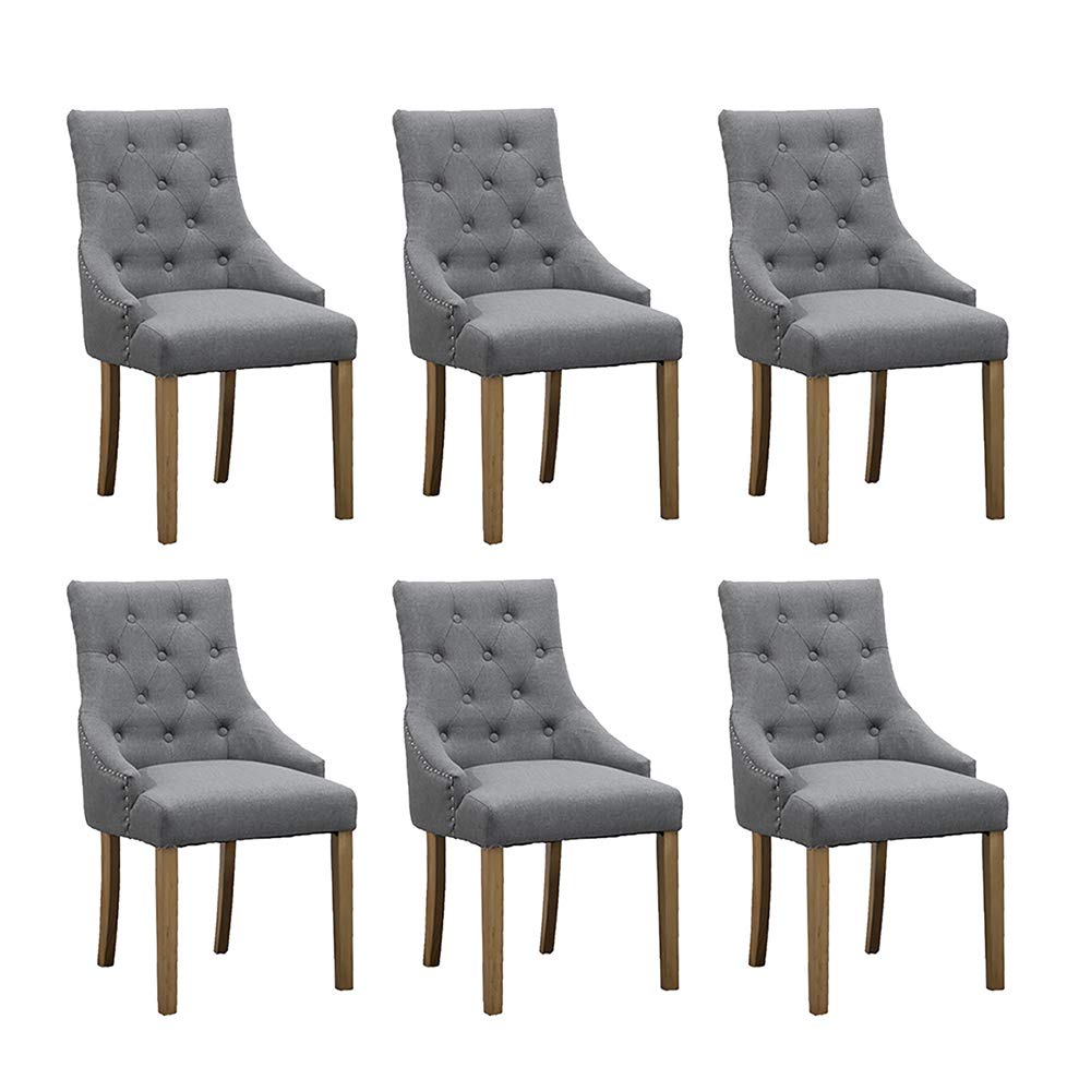 Gery Dining Chairs with Armrest Set of 6 Kitchen Armchairs with Linen Fabric Upholstered Seat Wood Legs Modern Occasional Living Room Side Chairs Studded with Button Nailhead (6, Grey)