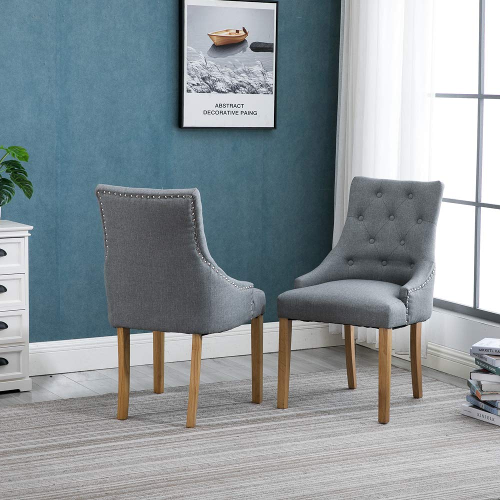 Gery Dining Chairs with Armrest Set of 6 Kitchen Armchairs with Linen Fabric Upholstered Seat Wood Legs Modern Occasional Living Room Side Chairs Studded with Button Nailhead (6, Grey)