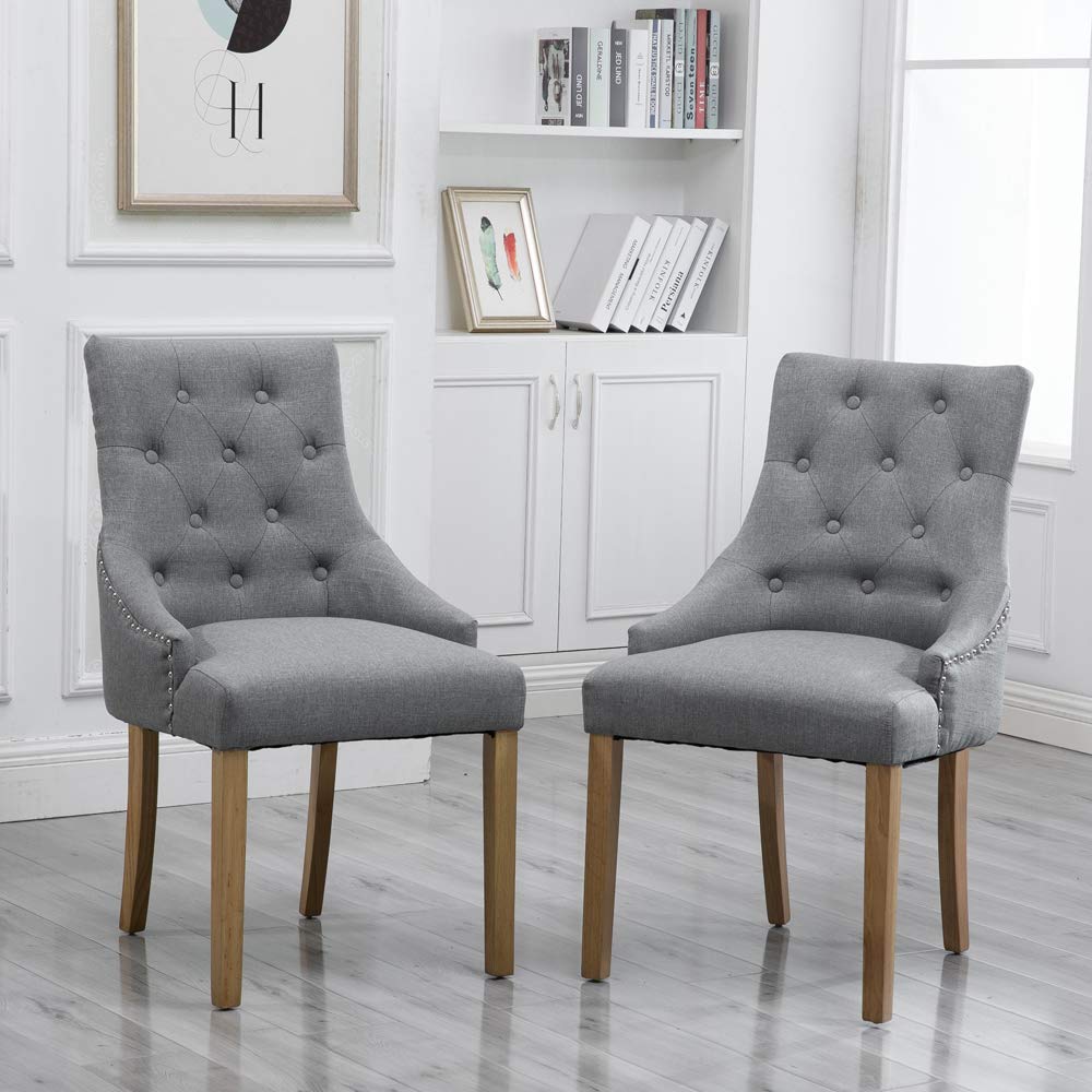 Gery Dining Chairs with Armrest Set of 6 Kitchen Armchairs with Linen Fabric Upholstered Seat Wood Legs Modern Occasional Living Room Side Chairs Studded with Button Nailhead (6, Grey)