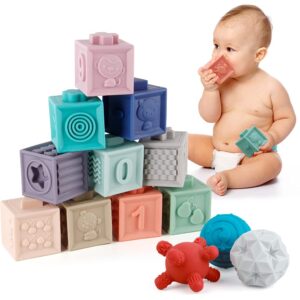 baby blocks 15pcs with toddlers sensory balls-soft stacking blocks colorful sensory toys for babies 6-12 months and up educational developing infants teething toys with numbers animals shapes