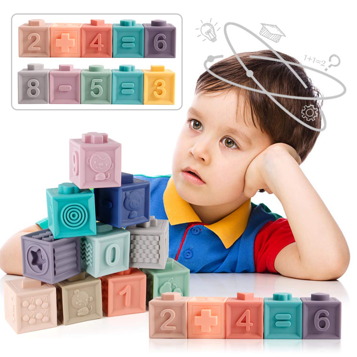 Baby Blocks 15PCS with Toddlers Sensory Balls-Soft Stacking Blocks Colorful Sensory Toys for Babies 6-12 Months and up Educational Developing Infants Teething Toys with Numbers Animals Shapes