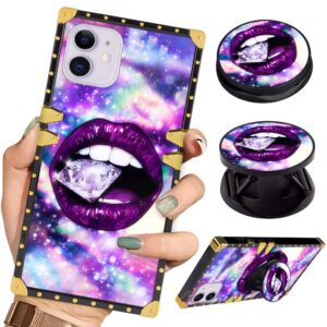 bitobe luxury square phone case iphone 11 with stand 6.1 inch 2019 retro elegant soft tpu design cover for women girls with ring holder kickstand (purple galaxy diamond lips)