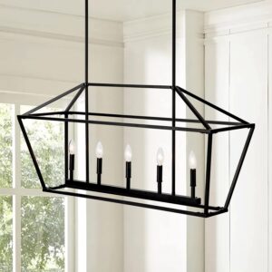 untrammelife 5-light linear pendant light fixture, kitchen island lantern pendant lighting, linear chandelier with adjustable height in coal black finish