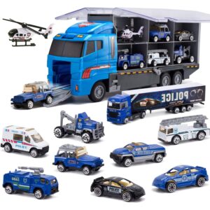 joyfia 10 in 1 police toys, die-cast police patrol rescue truck, mini police vehicles in carrier car toy playset for 3+ years old kids boys girls