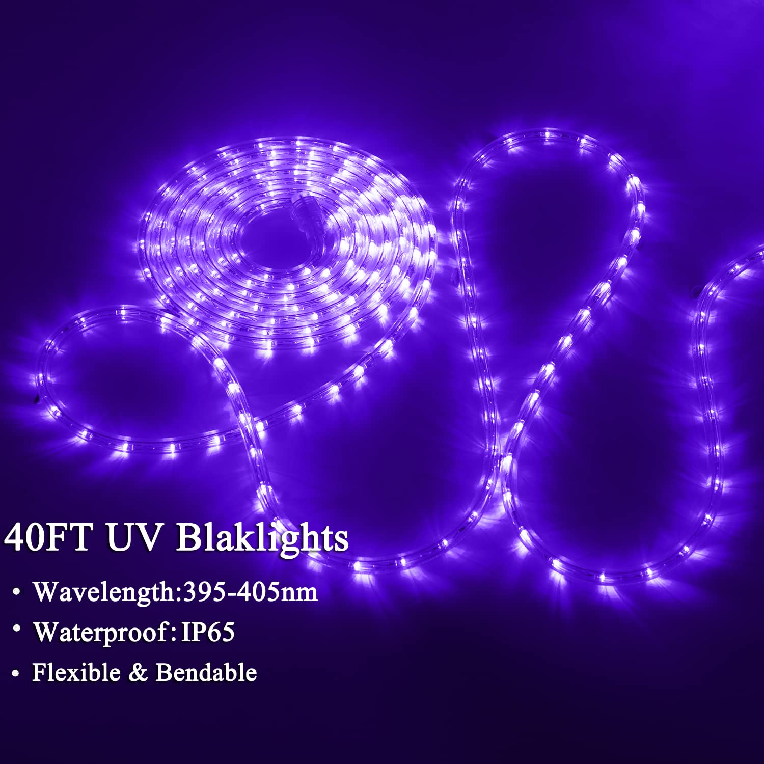 JUNWEN BlackLights LED Rope Strip Lights, 110V Outdoor Black Lights Kit, Waterproof 432LEDs 40FT Flexible Purple Rope Light for Birthday Halloween Stage Fluorescent Dance Party Home Decoration…