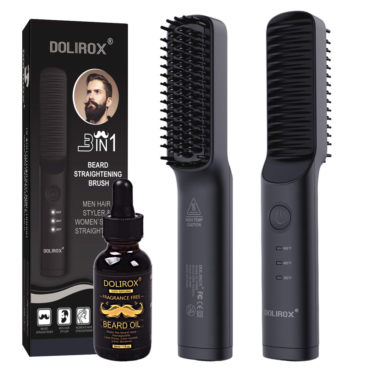 Beard Straightener, Heated Beard Brush with Beard Growth Oil Beard Straightening Brush Comb & Hair Beard Straightener Brush Heated Combs for Men Gifts for Dad Him Men