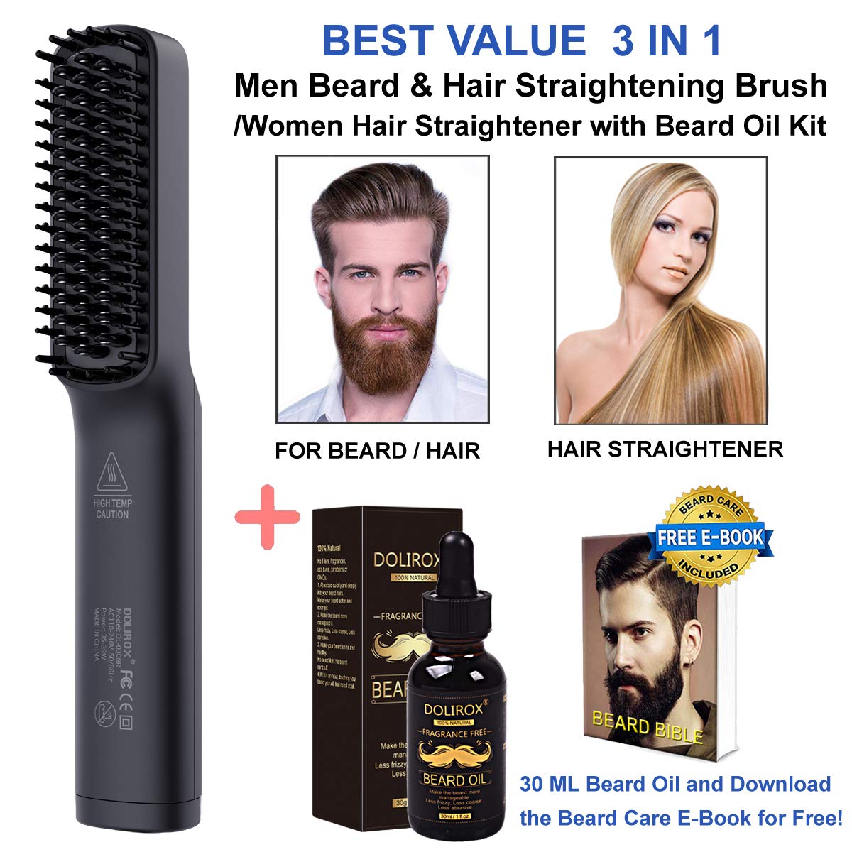 Beard Straightener, Heated Beard Brush with Beard Growth Oil Beard Straightening Brush Comb & Hair Beard Straightener Brush Heated Combs for Men Gifts for Dad Him Men