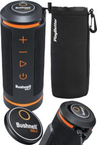 bushnell wingman gps golf speaker bundle - music & audible distances bluetooth speaker for golf cart - score tracking, 3d flyovers & 36,000+ courses - includes playbetter protective neoprene pouch