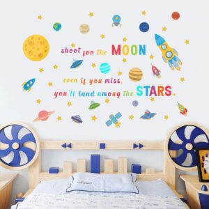 iarttop colorful space wall decal, inspirational quote universe stickers, watercolor outer space rocket planets wall stickers for kids room nursery classroom decor