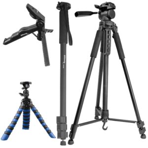 ultimaxx’s professional dynamic tripod bundle includes: 75” tripod, 72” monopod, 12” gripster and pistol grip for canon, nikon, sony, samsung, olympus, panasonic, pentax, and all digital cameras