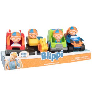 blippi 3" construction vehicles 4-pack toy playset (ages 3+) includes excavator, mobile, fire engine truck & garbage truck - officially licensed - gift for kids, boys & girls