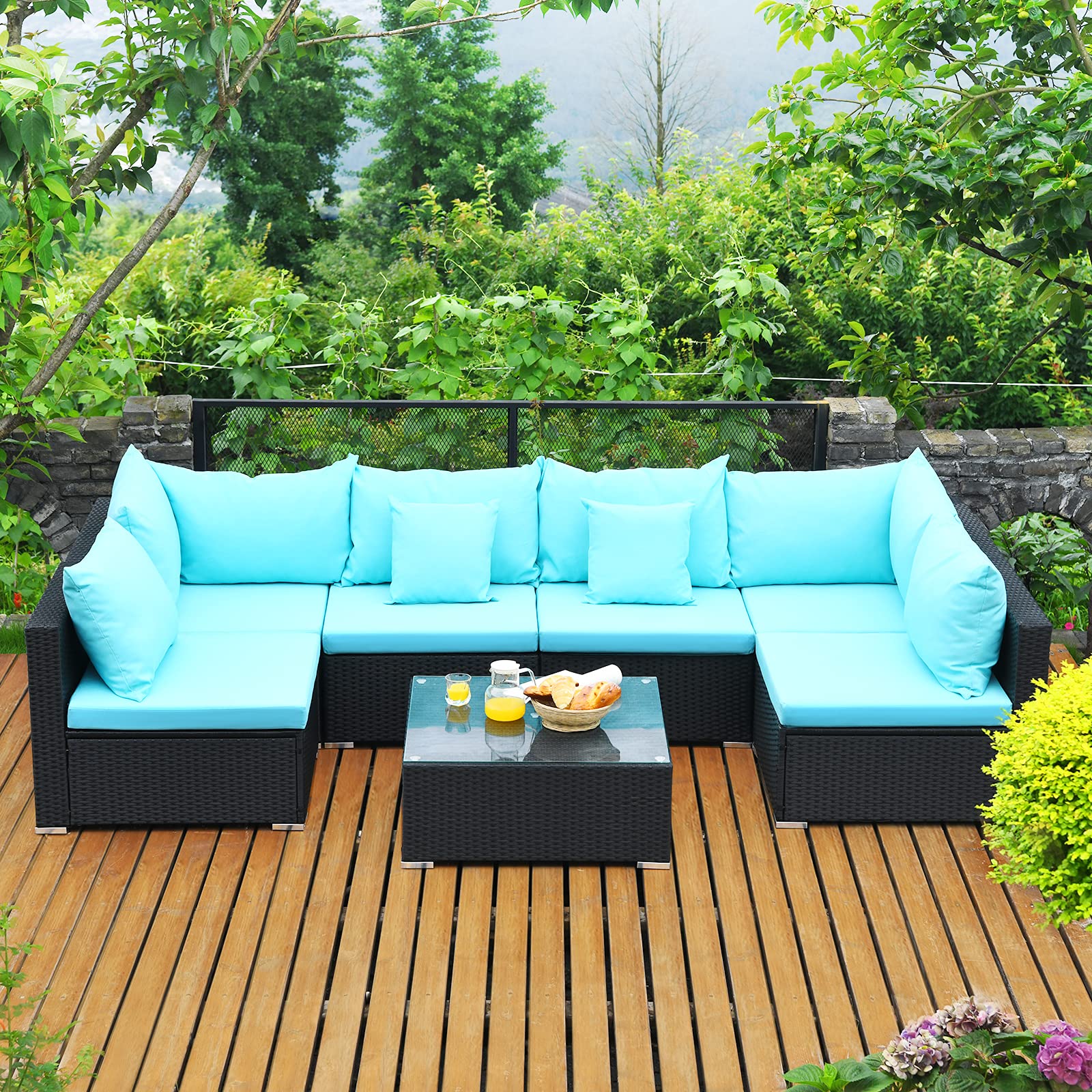 Tangkula 7 Piece Patio Furniture Set, Outdoor Sectional Sofa w/Pillows and Cushions, Wicker Sofa Conversation Set with Coffee Table, Patio Sofa and Tea Table Set for Garden, Lawn