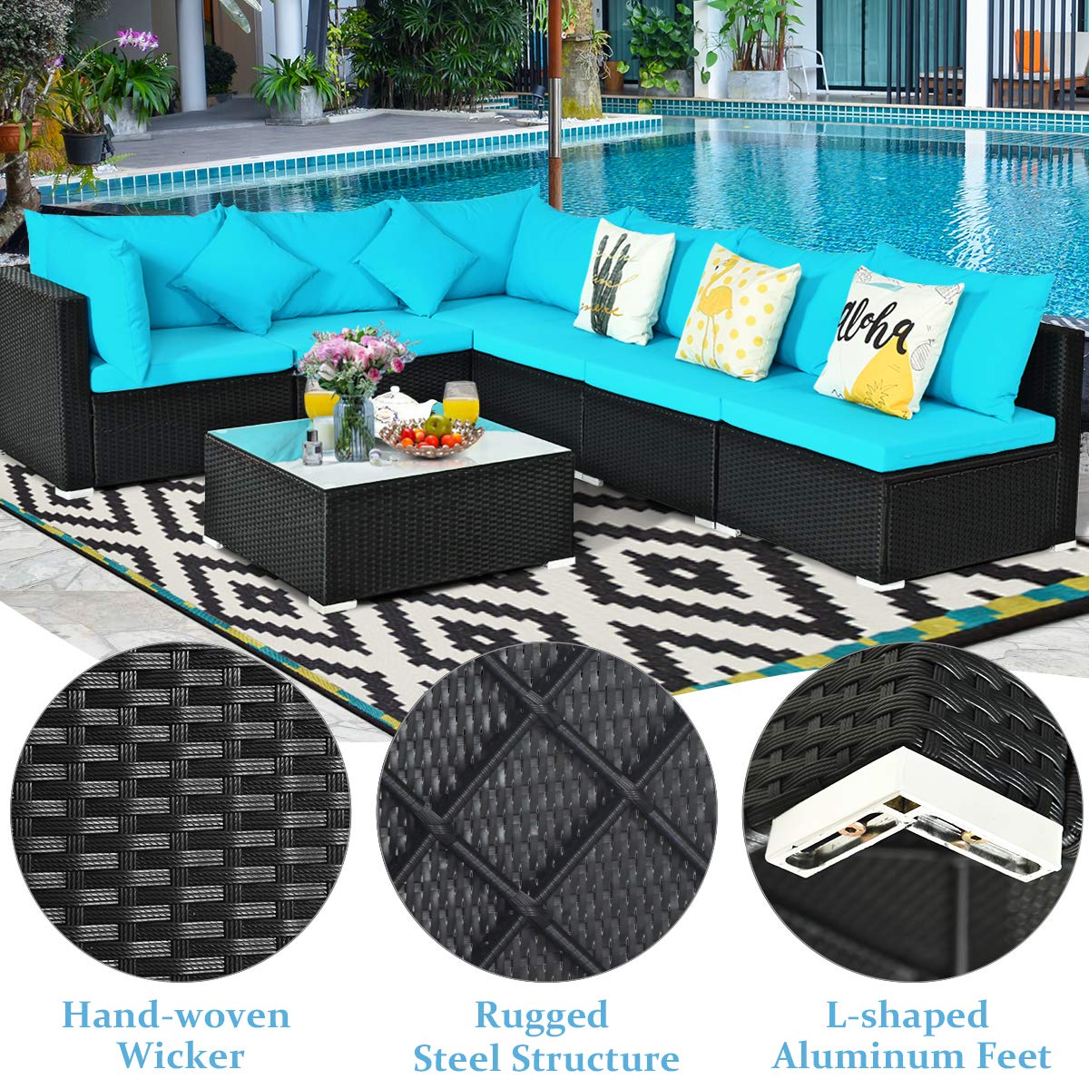 Tangkula 7 Piece Patio Furniture Set, Outdoor Sectional Sofa w/Pillows and Cushions, Wicker Sofa Conversation Set with Coffee Table, Patio Sofa and Tea Table Set for Garden, Lawn