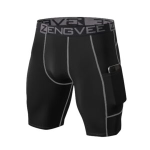 ZENGVEE Compression Shorts Men 3 Pack with Pocket Running Short Mens Gym,Workout,Cycling,Swimming,Yoga,Climbing,-(1011-3Black-Grey-XL)