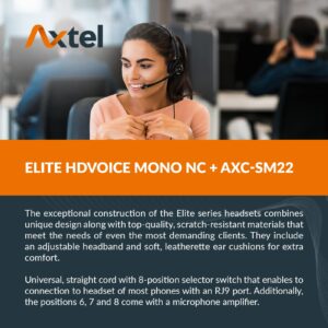 Axtel Bundle Elite HDvoice Mono NC with AXC-SM22 Cable | Compatible with Aastra, Avaya 1400/5400/5600/6400/9500/J100, Mitel 5200/5300/6800/8500, NEC, Shoretel IP Phones