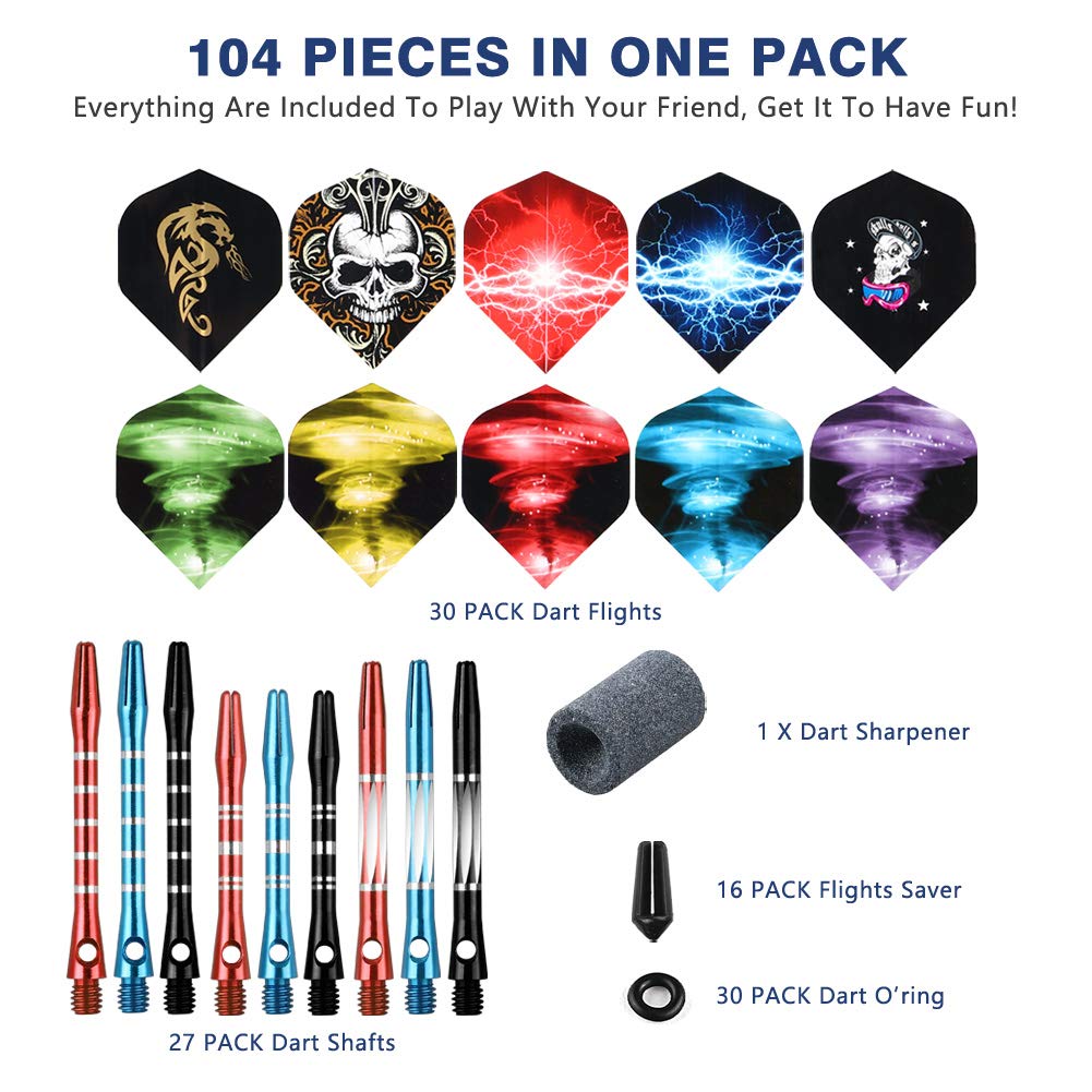 Tezoro Dart Accessories Kit Including Aluminum Dart shafts,Dart Flights, Flight Savers, Sharpener, O-Rings -Bulk Pack of 104 Pieces