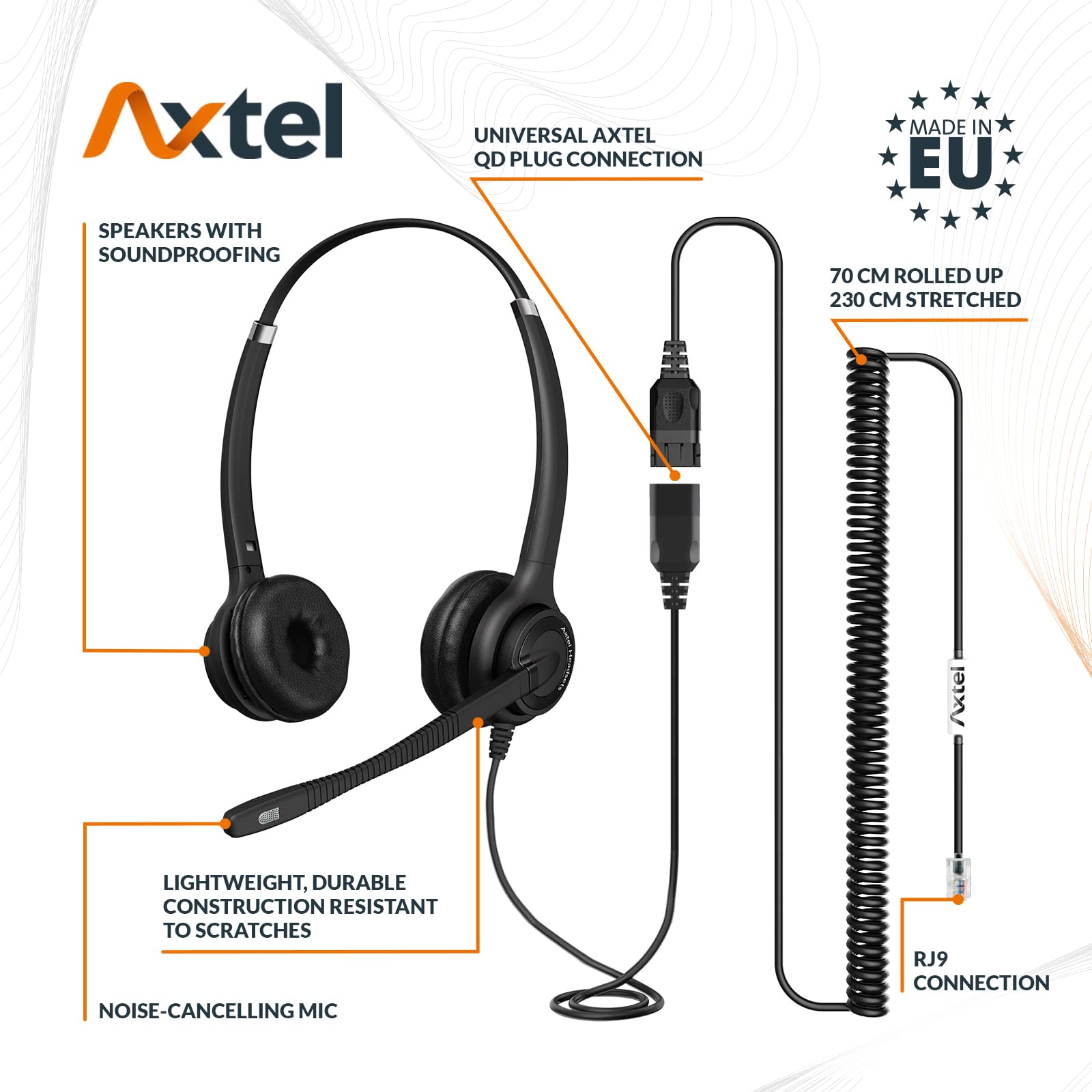 Axtel Bundle Elite HDvoice Duo NC with AXC-01 Cable | Noise Cancellation - Compatible with Avaya 2400/4600 Series, Mitel 6800 Series, NEC DTL/ITL Series, Nortel