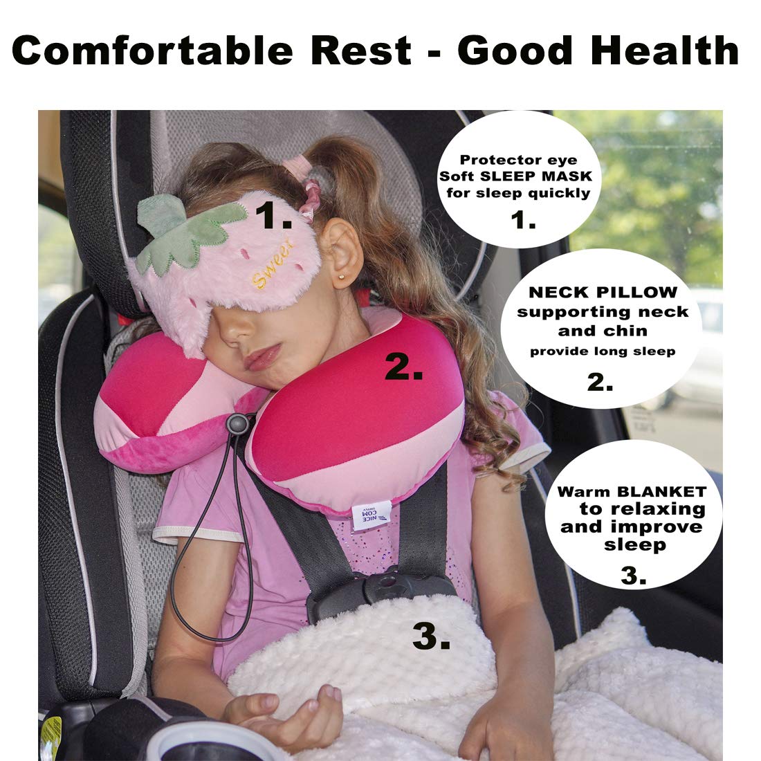 NICE COM SUPPLY Kids Travel Pillows, Boy, Girls, & Sleep Mask Black Cat, Car, Car Seat, Airplane -Children Neck, Head, Chin, Support. Traveling Accessories, Age 3-12 Old, Gray