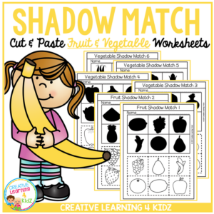 shadow matching fruit & vegetable cut & paste worksheets