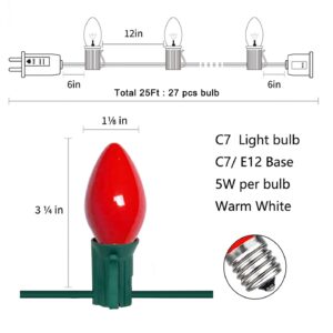 25Ft C7 Christmas Multicolor String Lights with 27 Red Green & White Edison Bulbs, Hanging Vintage Christmas Light Outdoor Waterproof for Party Garden Wedding Bistro Roofline Decor-Red/Green/White