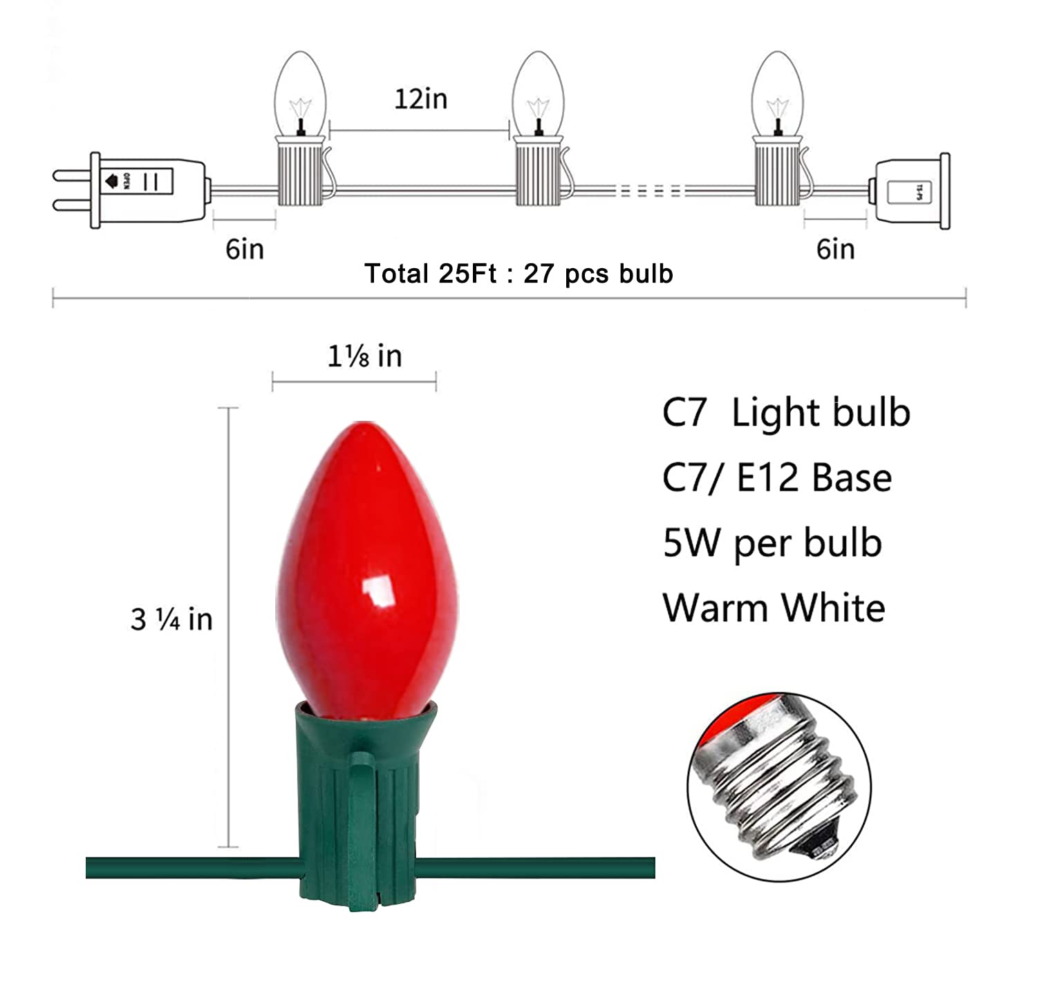 25Ft C7 Christmas Multicolor String Lights with 27 Red Green & White Edison Bulbs, Hanging Vintage Christmas Light Outdoor Waterproof for Party Garden Wedding Bistro Roofline Decor-Red/Green/White