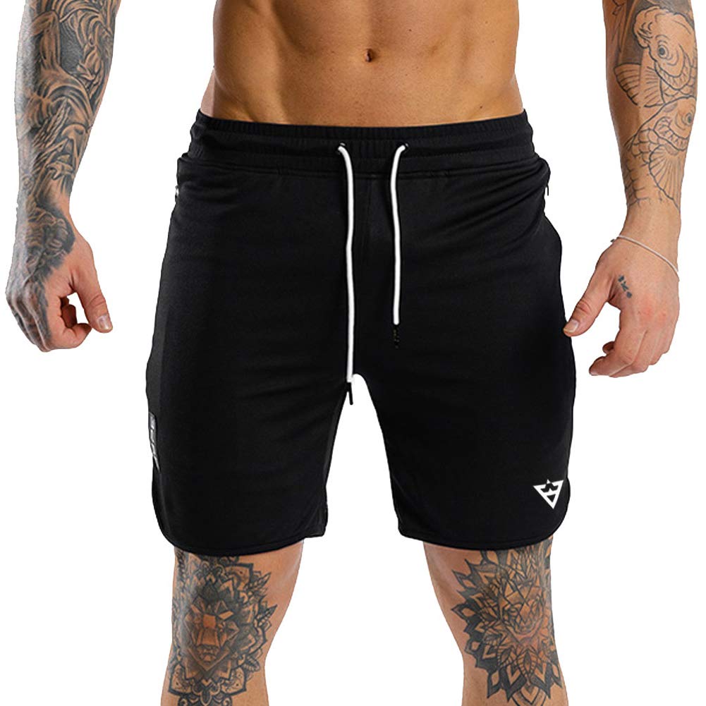 Wangdo Men's Workout Shorts 7" Running Shorts Athletic Bike Shorts Gym Shorts for Men with Zipper Pocket(Black-XL)