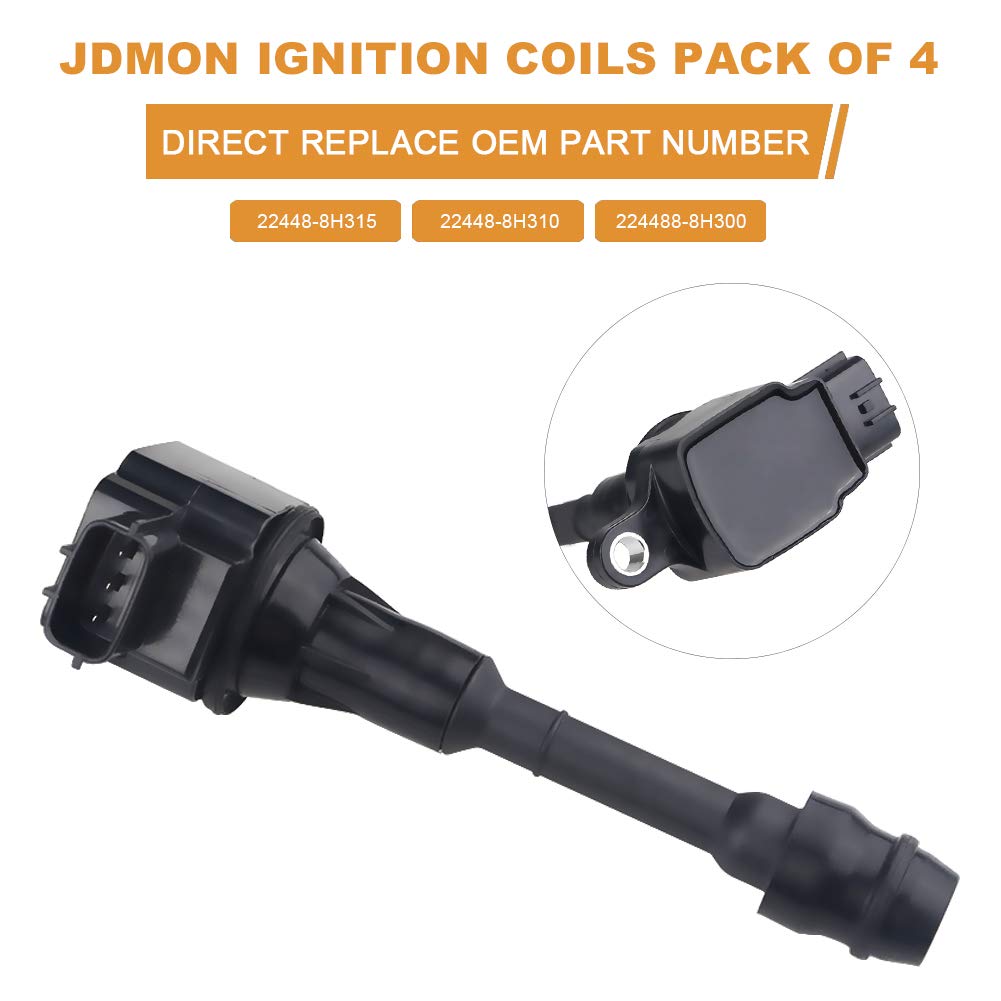 JDMON Ignition Coils Pack Compatible with Nissan Altima Sentra X-trail L4 2.5L 2002 2003 2004 2005 2006 2007 2008 Replaces 22448-8H315 22448-8H310 UF-350 C1398 Set of 4