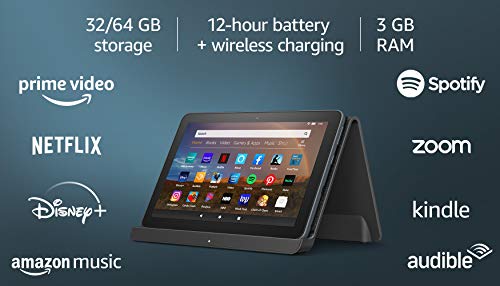 Fire HD 8 Plus tablet, HD display, 32 GB, our best 8" tablet for portable entertainment, Slate, without lockscreen ads + Made for Amazon, Wireless Charging Dock