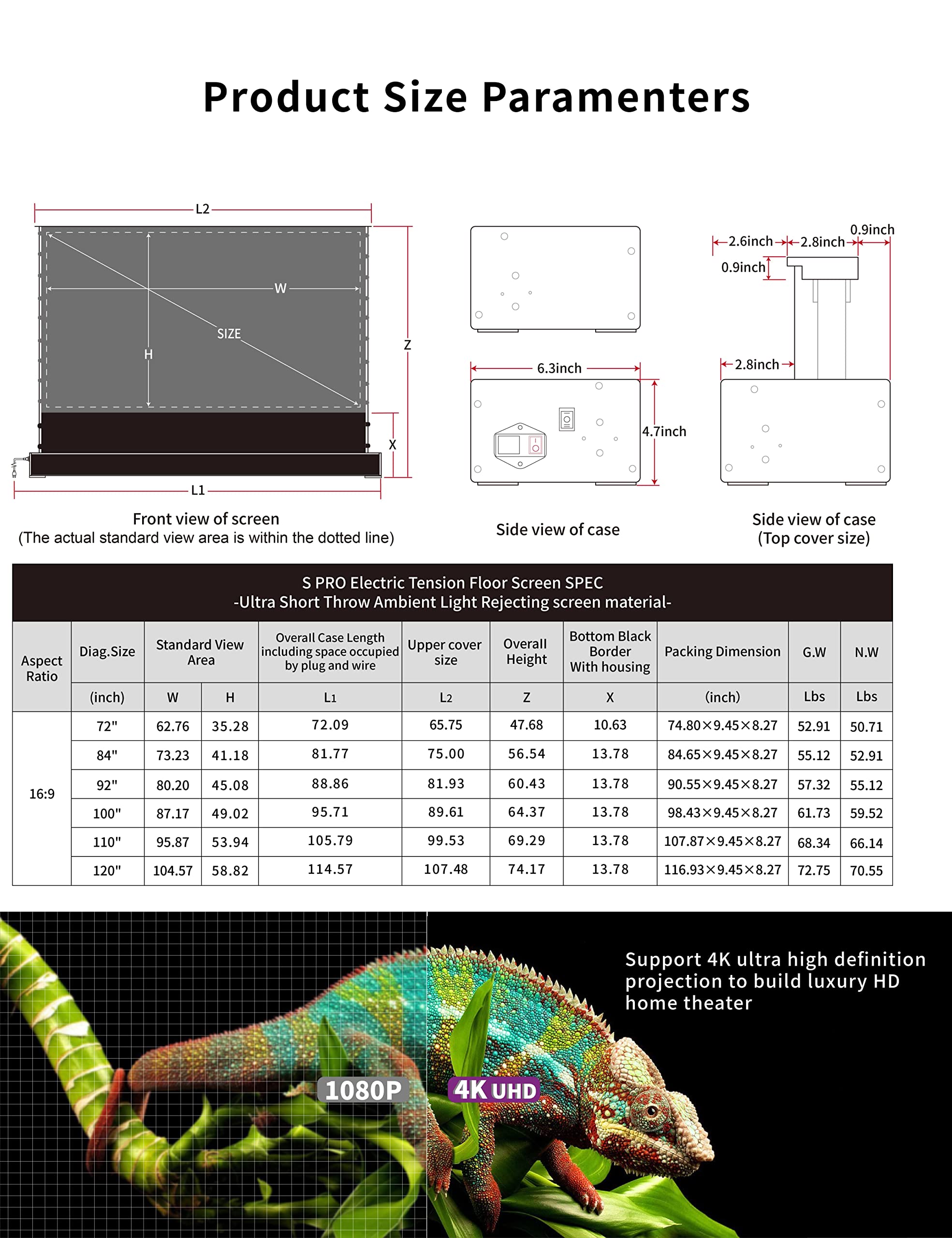 VIVIDSTORM-Projection Screen S PRO 100 inch Motor Rollable Laser TV Tensioned Floor Screen Ambient Light Rejecting Suit for 4k HD Office Movie Cinema Ultra-Short Throw Laser projecror,VWSDSTUST100H