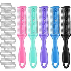 5 pieces razor comb with 20 pieces razors, hair cutter comb dual side cutting scissors hair thinning comb double edge hair razor comb slim haircuts cutting tool (5 colors)