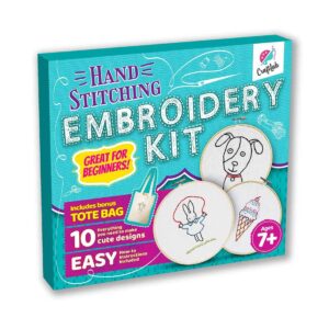craftlab embroidery sewing kit for beginners, kids craft kit gift for girls boys ages 8-12, 10 projects, embroidery hoops, fabric, patterns, floss, needles, needlepoint cross stitching supplies