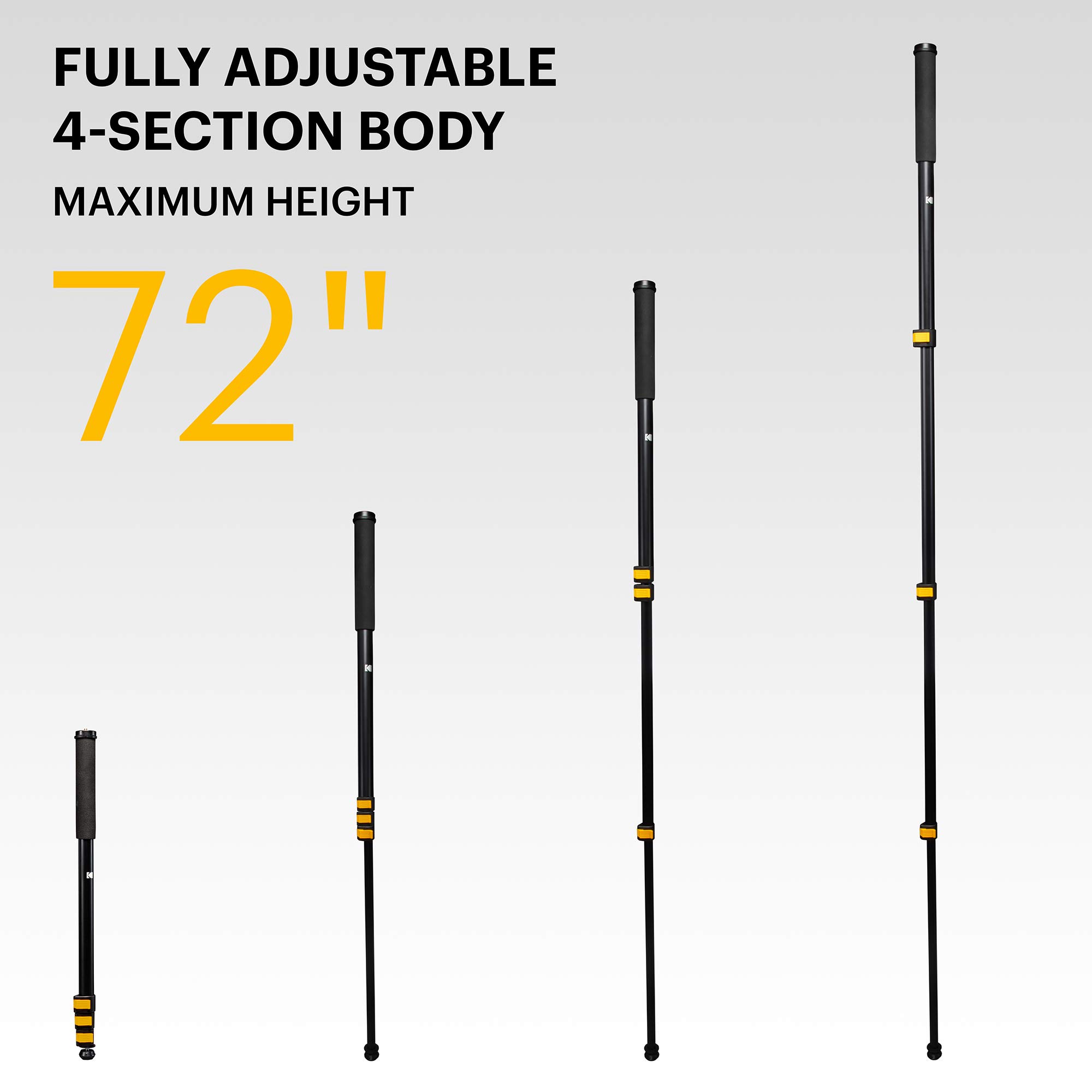 KODAK PhotoGear 72” Portable Monopod | 21”-72” Lightweight Aluminum Monopod | 4-Section Flip Lock Adjustment, Smartphone Adapter, Rubber Foot with Retractable Spike, Wrist Strap & Bonus E-Guide & Case