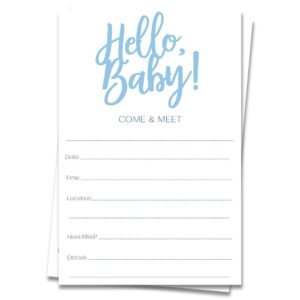 hello baby fill in the blank invitations sip and see world meet greet after birth baby shower sprinkle born boy blue baby feet printed cards (24 count)