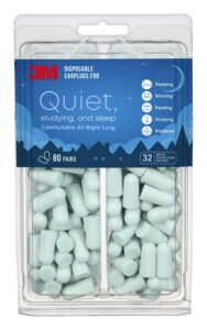 3m disposable earplugs for quiet, studying & sleep, light blue, 32 nrr, 80 pairs in a resealable package, hearing protection