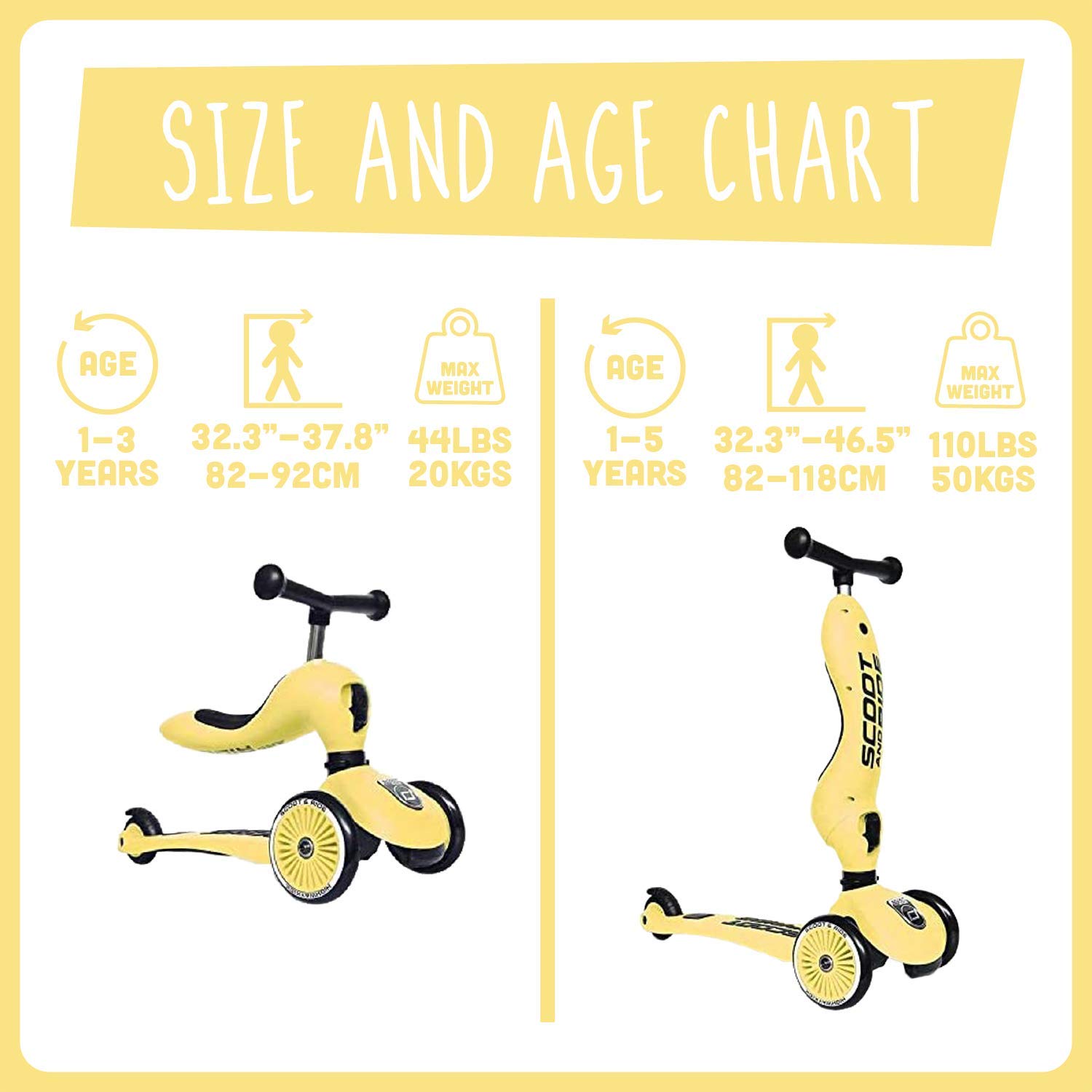 Scoot & Ride - Highwaykick 1 Children Adjustable Seated or Standing 2-in-1 Scooter Including Safety Pads (Lemon) - for Ages 1-5