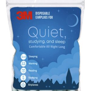 3M Disposable Earplugs For Quiet, Studying & Sleep, 80 Pairs (160 Plugs), Noise Reduction Rating (NRR) 32 dB, Comfortable All Night Long, Light Blue Ear Plugs, Come In Resealable Bag (EPQS-80B-SIOC)