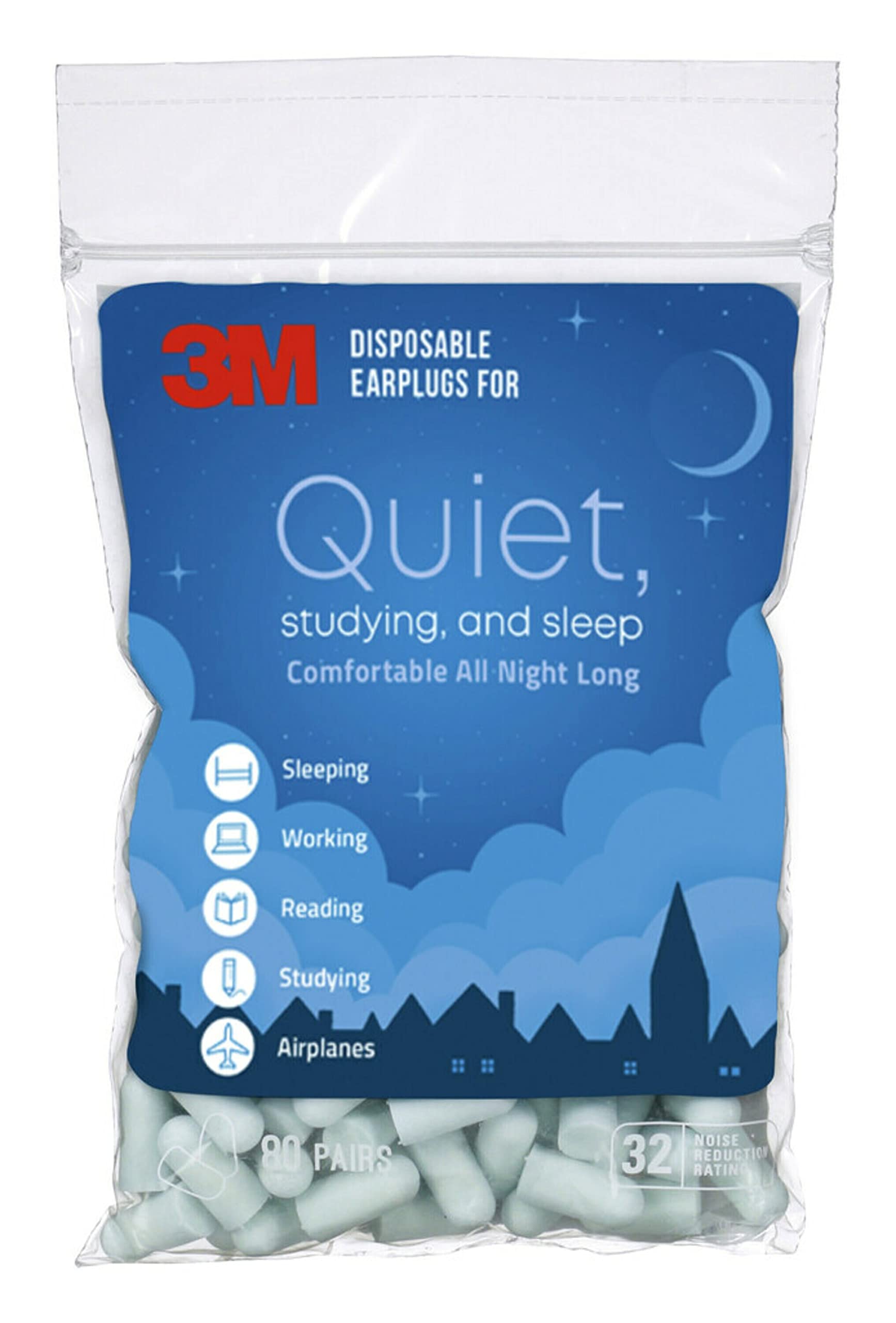 3M Disposable Earplugs For Quiet, Studying & Sleep, 80 Pairs (160 Plugs), Noise Reduction Rating (NRR) 32 dB, Comfortable All Night Long, Light Blue Ear Plugs, Come In Resealable Bag (EPQS-80B-SIOC)