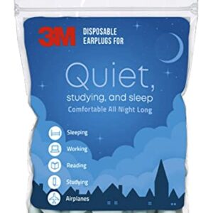 3M Disposable Earplugs For Quiet, Studying & Sleep, 80 Pairs (160 Plugs), Noise Reduction Rating (NRR) 32 dB, Comfortable All Night Long, Light Blue Ear Plugs, Come In Resealable Bag (EPQS-80B-SIOC)