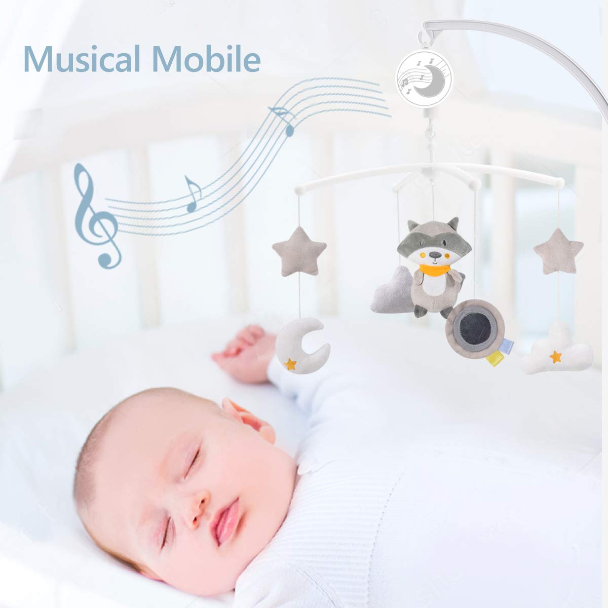 Baby Musical Crib Mobile Toys with Rotation, Raccon Clouds and Stars Sooth Pendant Toy,Wind-up Music Box Design,Nursery Decoration Gift for Newborn Boys and Girls